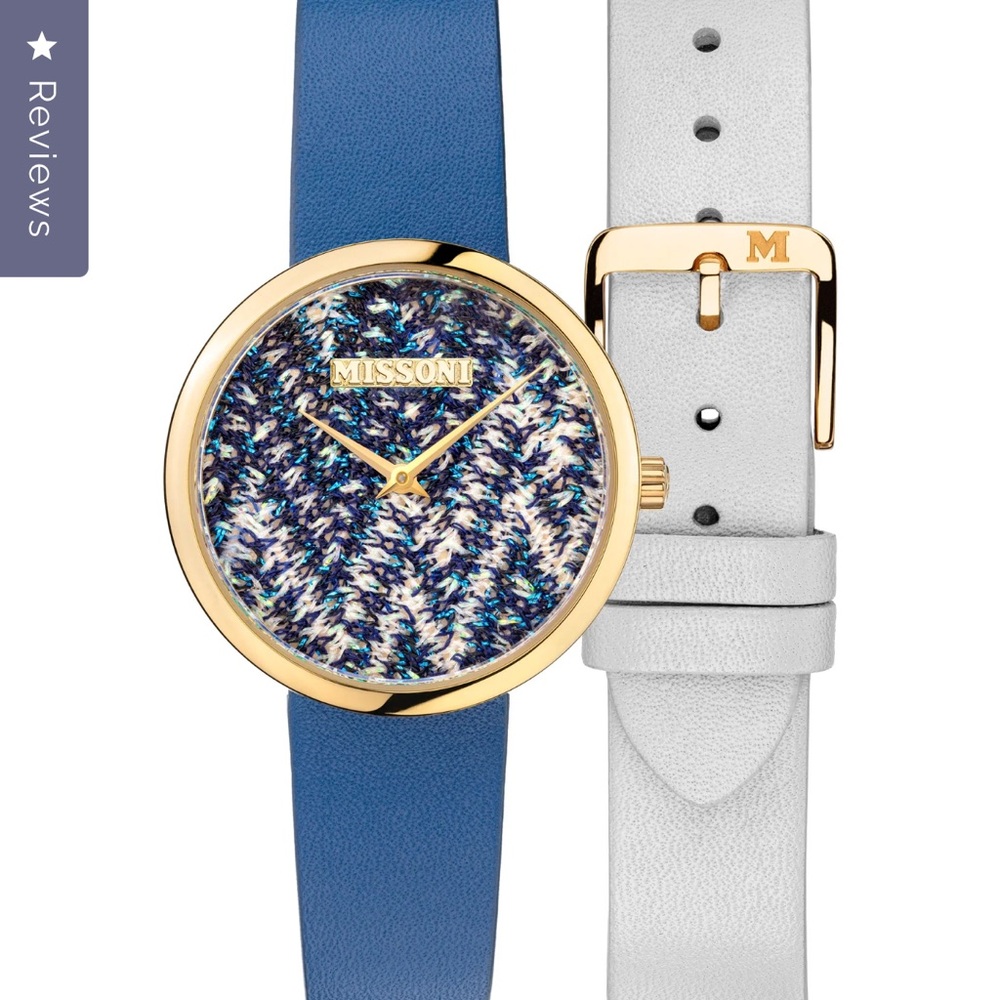 Missoni Blue Knit-Pattern Dial Watch with Gold Case and White Strap